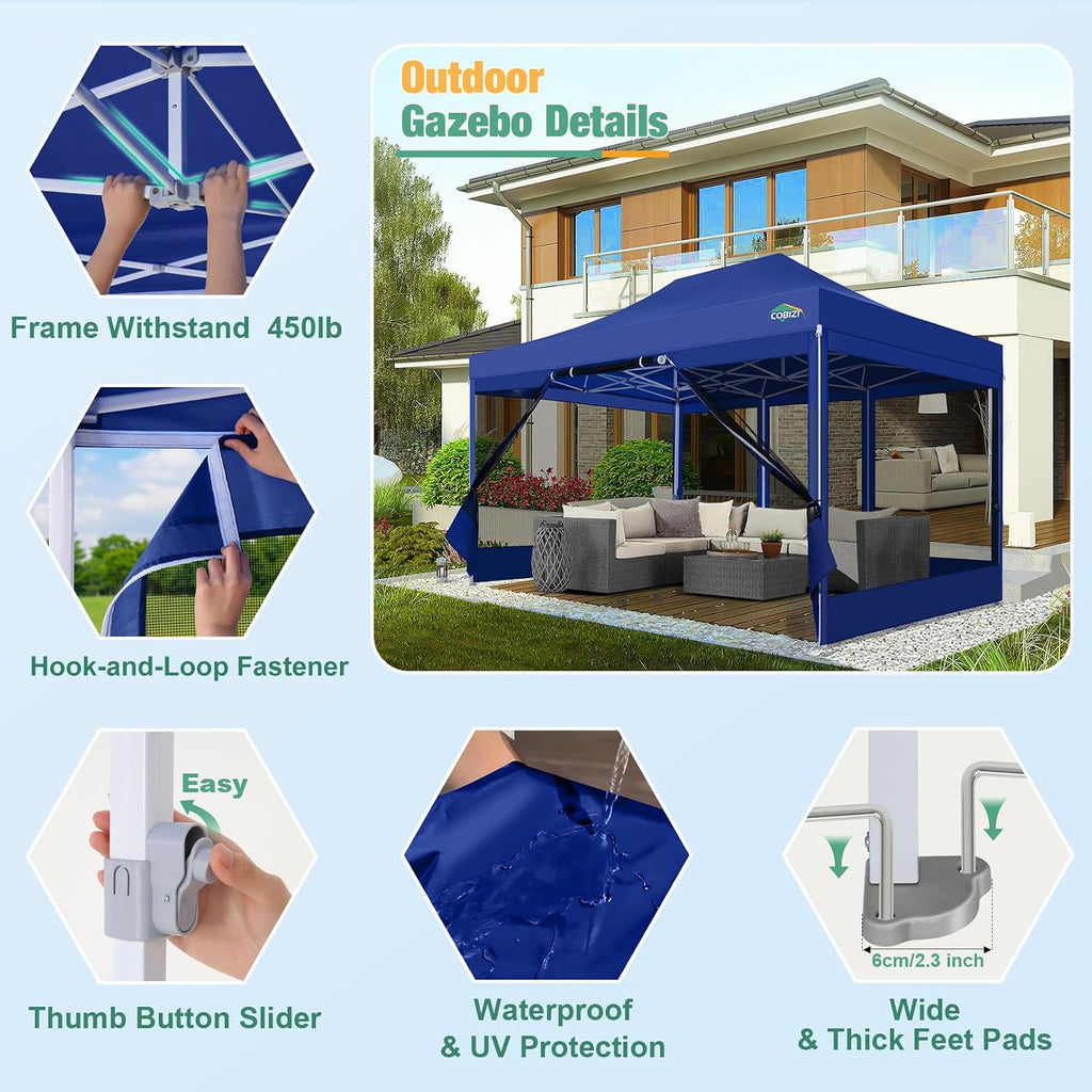 COBIZI 10x15 Canopy Tent, Heavy Duty Pop up Canopy with Sidewalls, Waterproof Easy Setup Canopy with Mosquito Netting, Outdoor Instant Screen Tents for Parties, Backyard with Carry Bag, Dark Blue