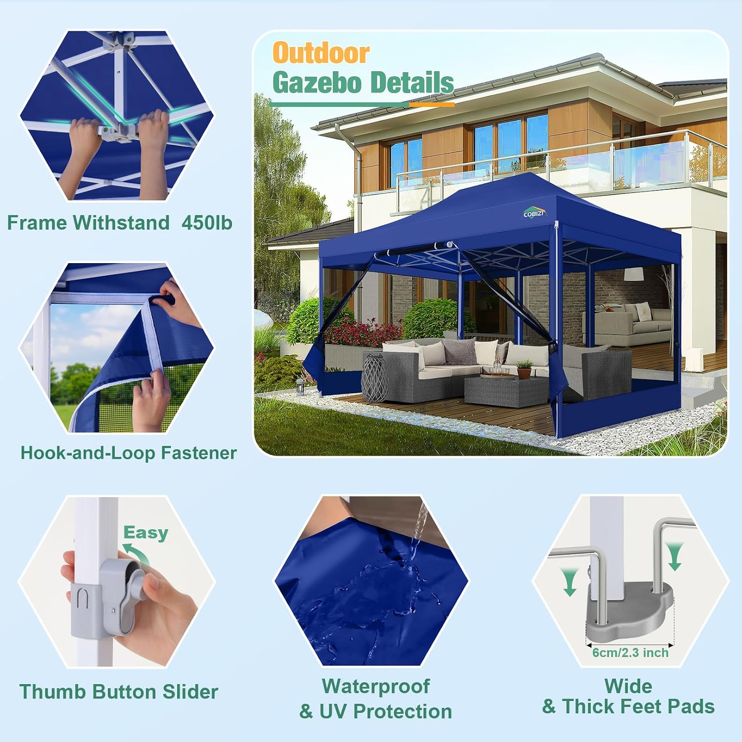 COBIZI 10x15 Canopy Tent, Heavy Duty Pop up Canopy with Sidewalls, Waterproof Easy Setup Canopy with Mosquito Netting, Outdoor Instant Screen Tents for Parties, Backyard with Carry Bag, Dark Blue