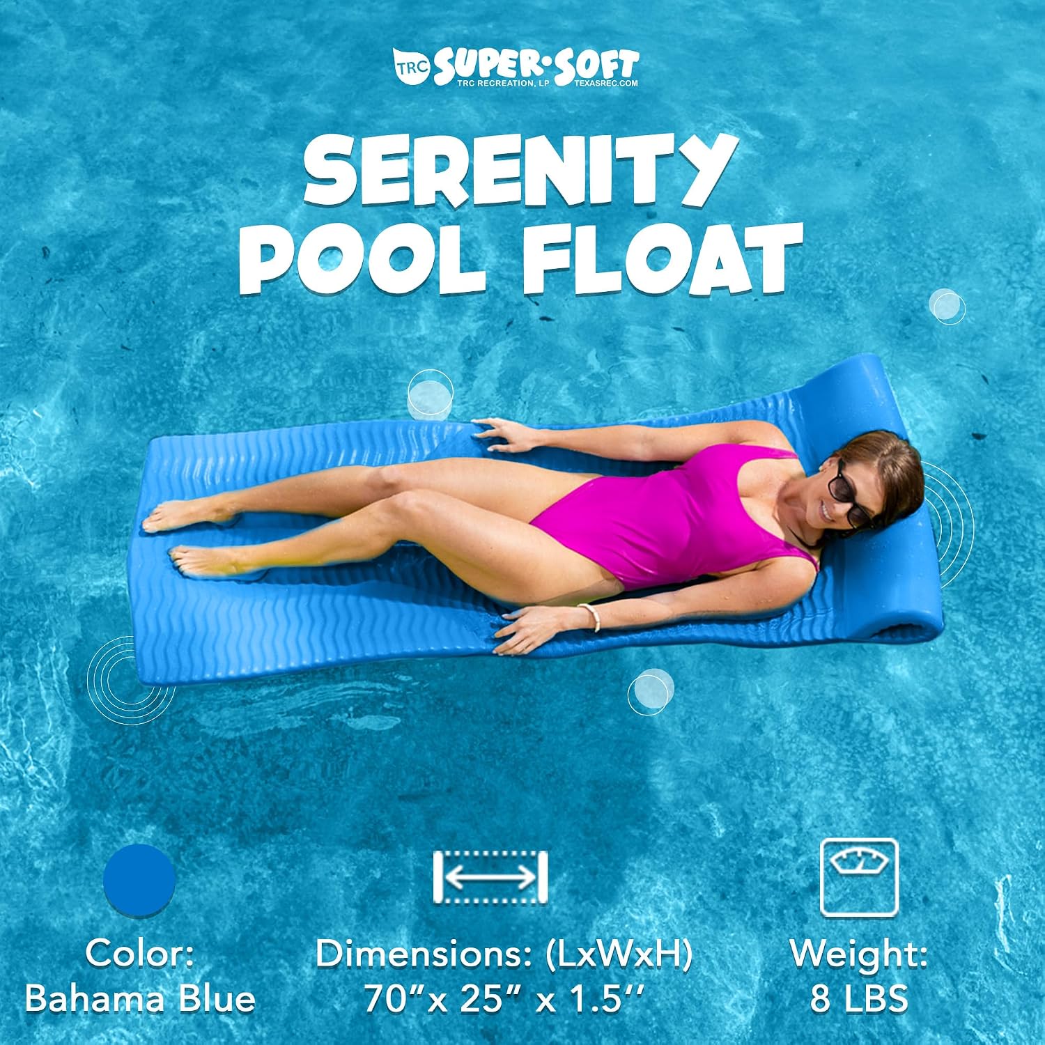 TRC Recreation Serenity 1.5' Thick Vinyl Coated Foam Swimming Pool Float Mat Adult Lounger with Built-in Roll Pillow
