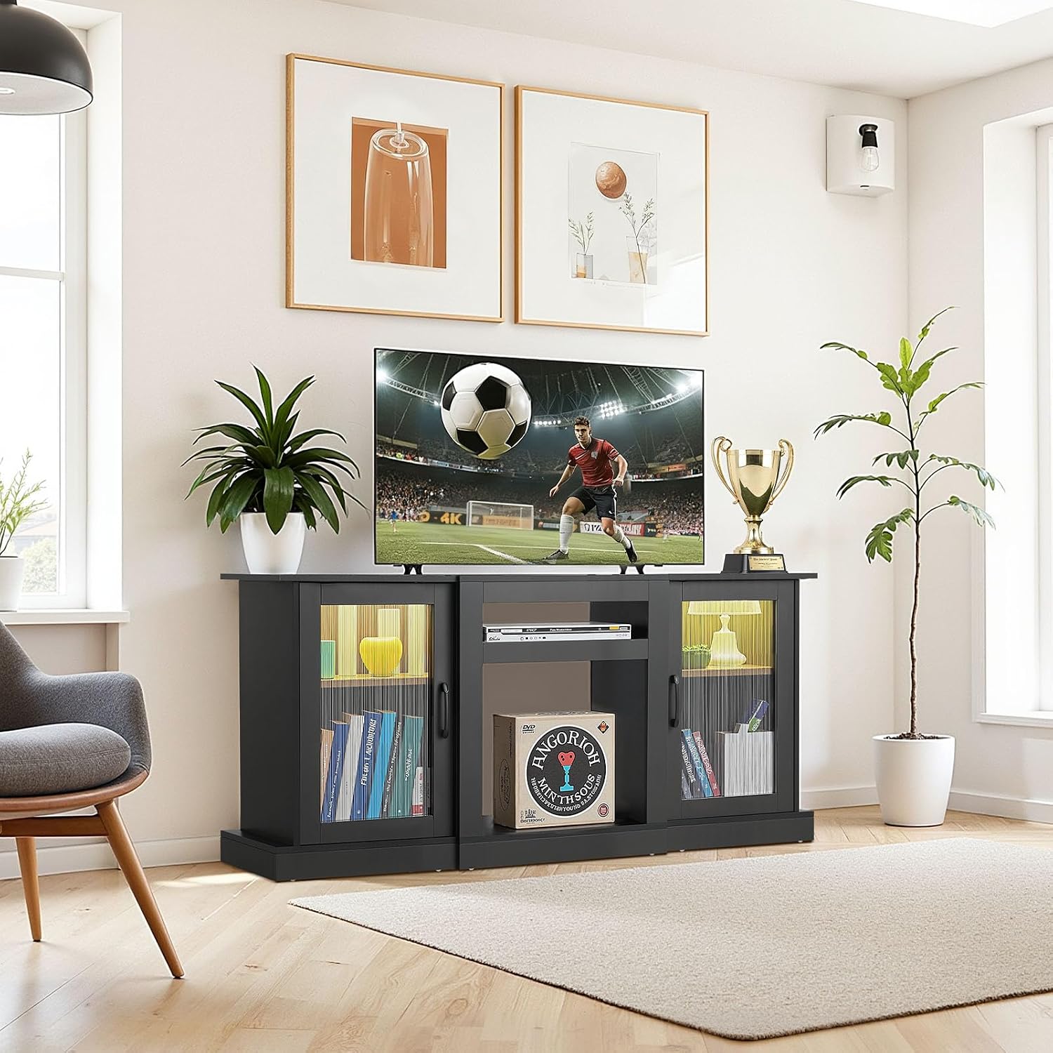 VEVOR Tall TV Stand for 65 inch TVs, Modern Entertainment Center with LED Light, Wooden TV Storage Cabinet with Glass Doors and Adjustable Shelves, Media Console for Living Room and Bedroom, Black