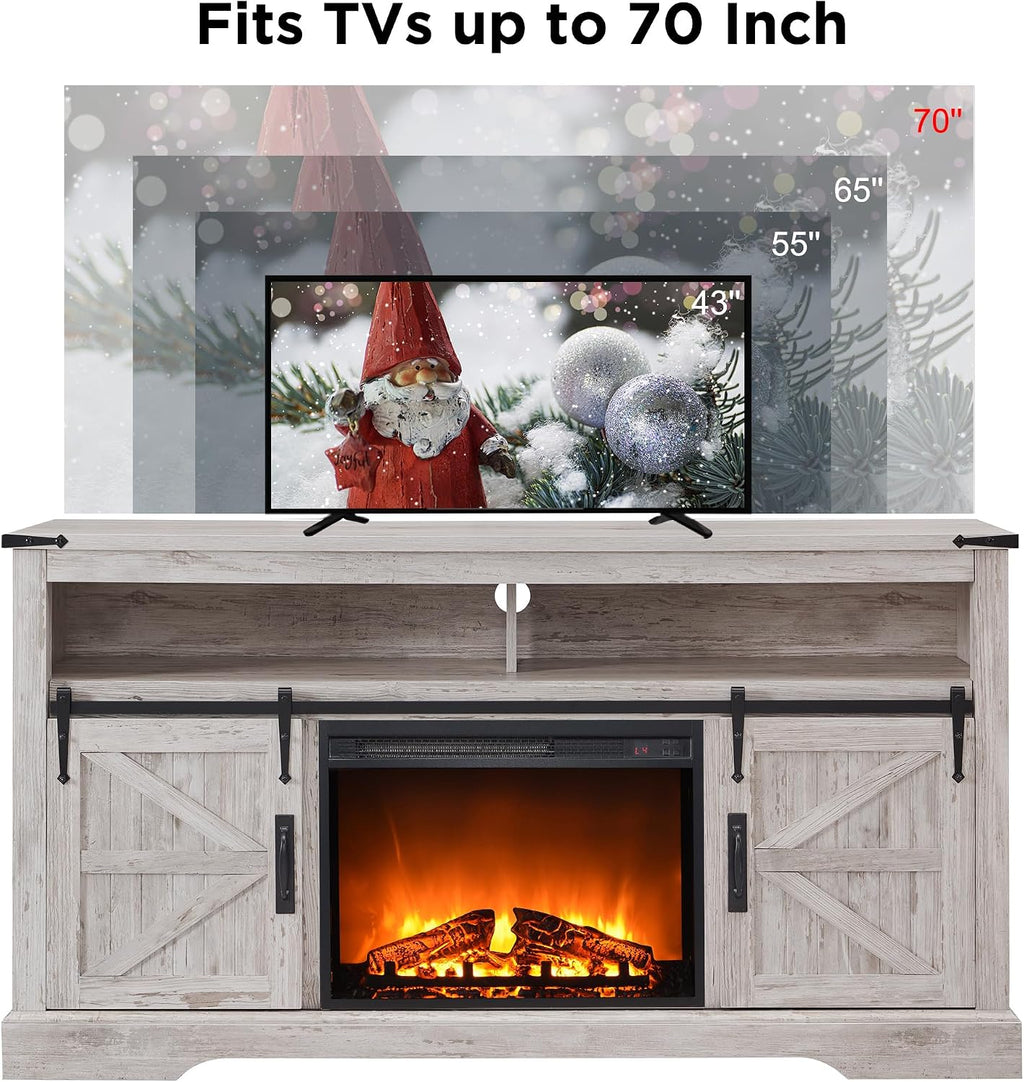 OKD Fireplace TV Stand for 65+ Inch TV, 33' Tall Highboy Farmhouse Entertainment Center w/ 23'' Electric Fireplace, Rustic Media Console w/Sliding Barn Door for Living Room, Antique Brush White