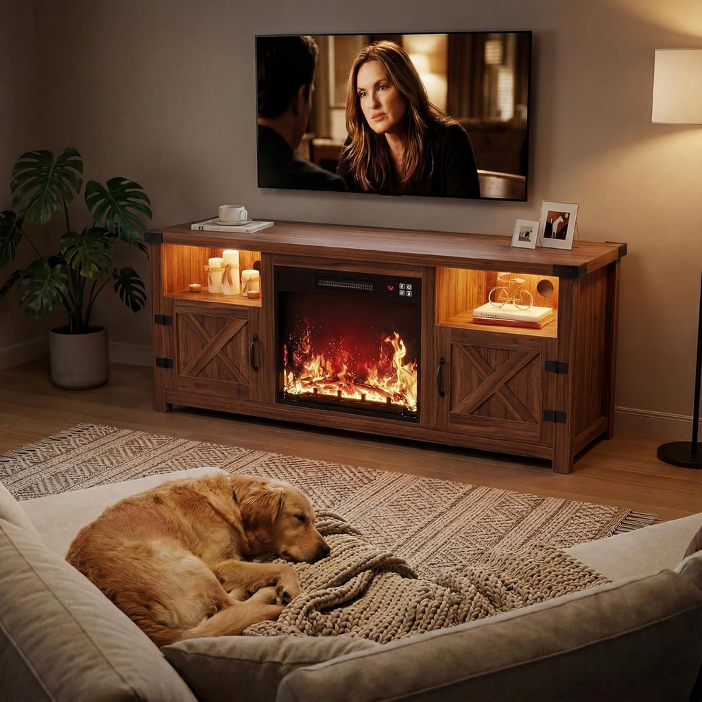 YESHOMY LED Fireplace TV Stand with Mood Lighting, TV Cabinet with Open Shelf, Farmhouse Media Console with Hidden Cable Routing, Entertainment Center for Televisions up to 65+ Inch, Walnut