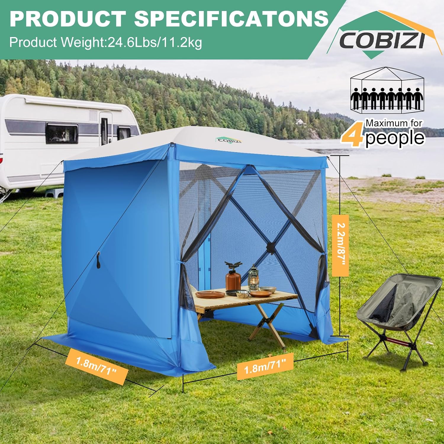 COBIZI 6x6 Pop up Gazebo Tent on Clearance, Ez up Waterproof Screen Tent Screen House with 3 sidewalls,Portable Outdoor Canopy with Carry Bag & Ground Stakes for Camping,Garden and Picnics, Blue