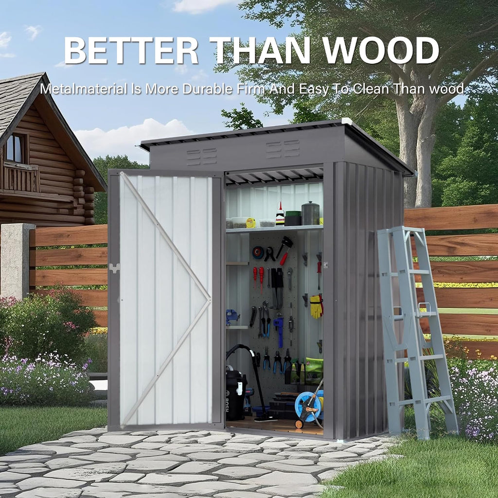 5x3 FT Metal Outdoor Storage Shed, Compact Garden Tool Organizer with Pitched Roof and Lockable Door, Weather-Resistant Small Metal Shed for Backyard, Patio, Balcony and Bike Storage, Gray