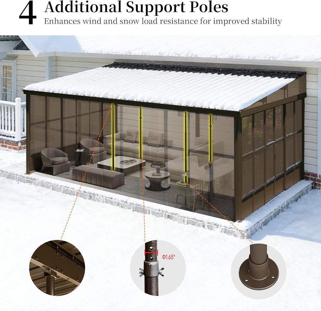 Domi 12x20FT Sunroom, Wall Mounted Sunroom Kit with Galvanized Steel Sloping Roof, Outdoor Sunroom Gazebo with Detachable PC Screen, 3 Sliding Double Doors, Lean to Sun Room for Patio, Deck