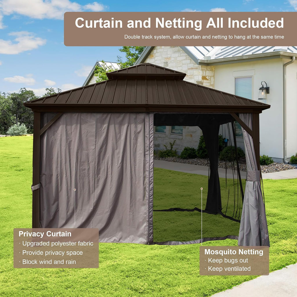 10' x 10' Hardtop Gazebo, Outdoor Aluminum Gazebo with Galvanized Steel Double Roof Canopy, Outdoor Permanent Metal Pavilion with Curtains and Netting for Patio, Backyard and Lawn, Dark Brown