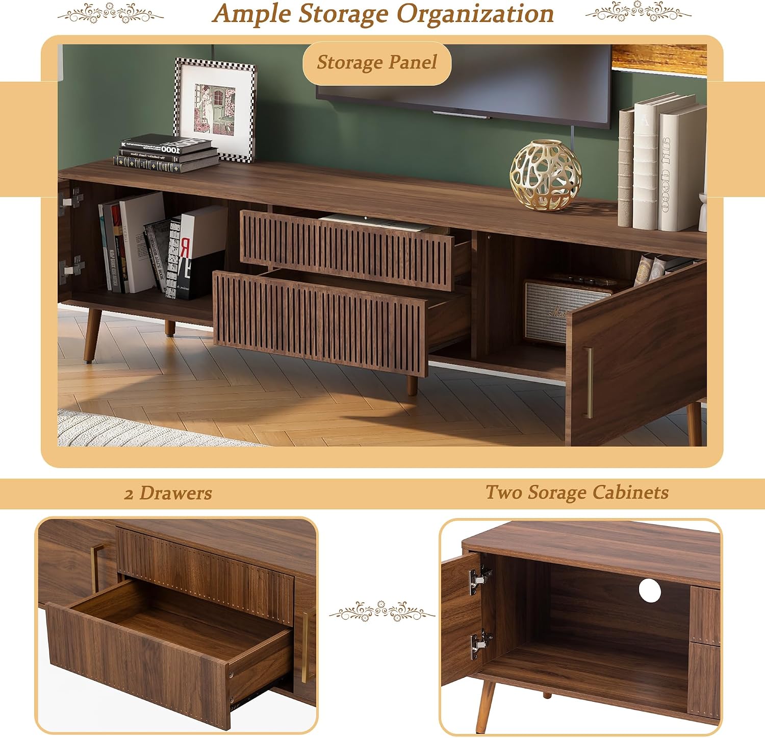 Merax 70.8' Mid Century TV Stand with 2 Drawers,Media Console Table for TVs up to 80'', Entertainment Center with Storage for Living Room, Bedroom, Home Theatre,Walnut
