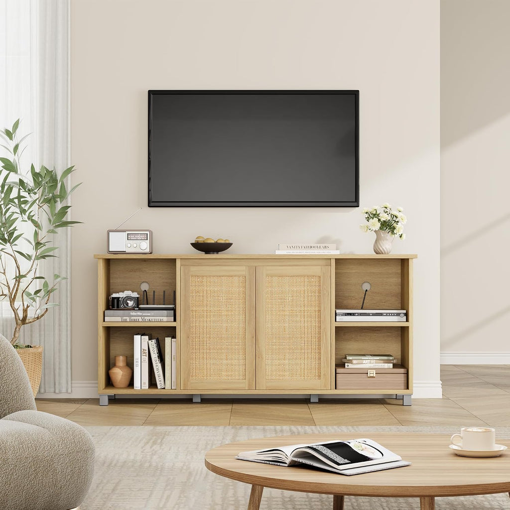 GarveeHome 70 Inch TV Stand, Mid-Century Modern Entertainment Center with Rattan Cabinet Doors, Media Console with Open Shelves, TV Stands for Living Room - Natural