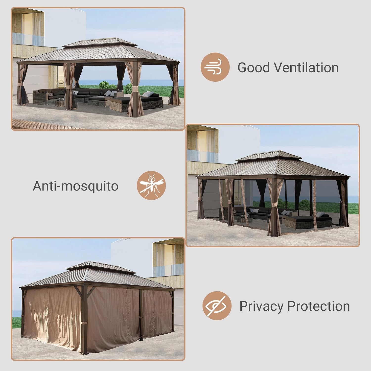 Domi 12' X 20' Hardtop Gazebo, Upgraded Metal Gazebo with Drainage System, Dual-Layer Galvanized Steel Roof, Curtain and Netting, Outdoor Shelter Canopy for Patio, Garden, and Backyard, Brown