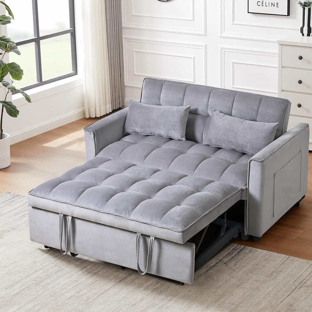 3-in-1 Convertible Sleeper Sofa Bed, 63' Modern Pull Out Couch with Adjustable Reclining Backrest - Velvet Fabric Loveseat for Living Room, Bedroom, Apartment (Gray)