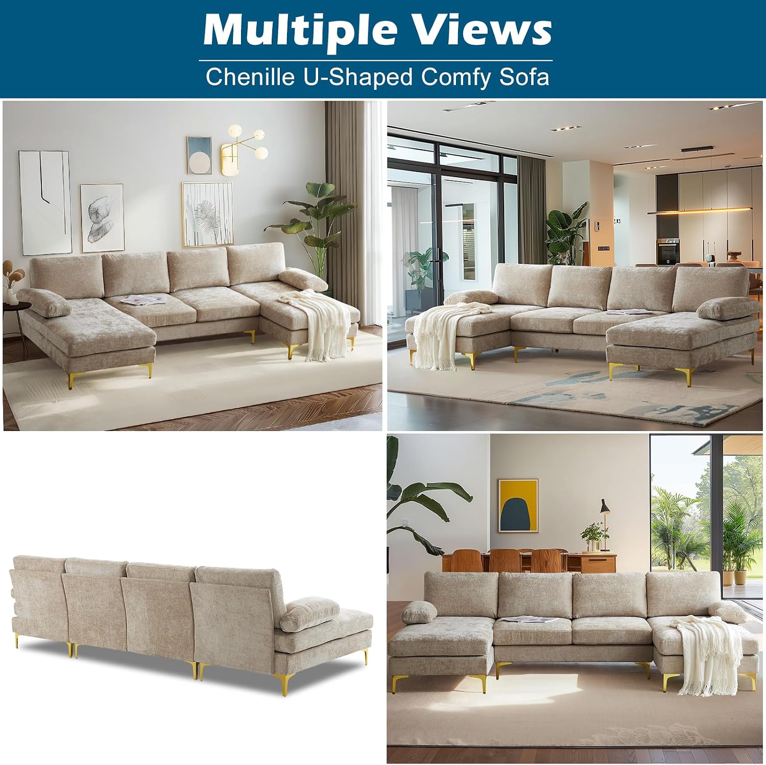 VINGLI 110' Large U-Shape Sectional Sofa Couch with 51' D Double Chaise for Living Room, Modern Sectional Couch Set with Soft 5.9' Thickness Seating Padding, Chenille Fabric,Metal Gold Legs(Khaki)