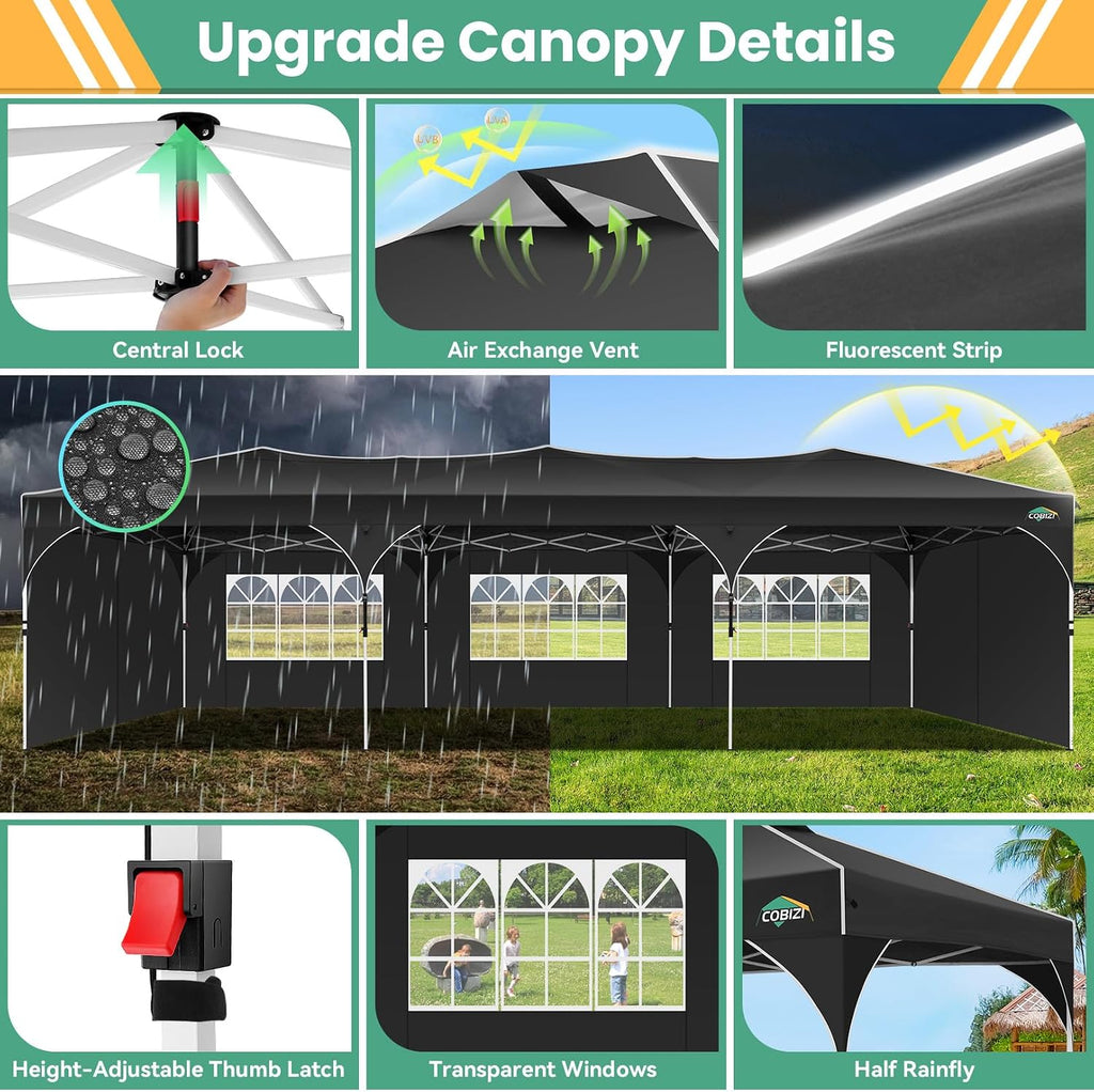 COBIZI 10x30 Pop Up Canopy Tent, Outdoor Party Tent with 5 Sidewalls, 1 Person Easy Set up, Tents for Parties with Fluorescent Strip & 4 Sandbags, Waterproof UPF50+, 3 Adjustable Height, Black