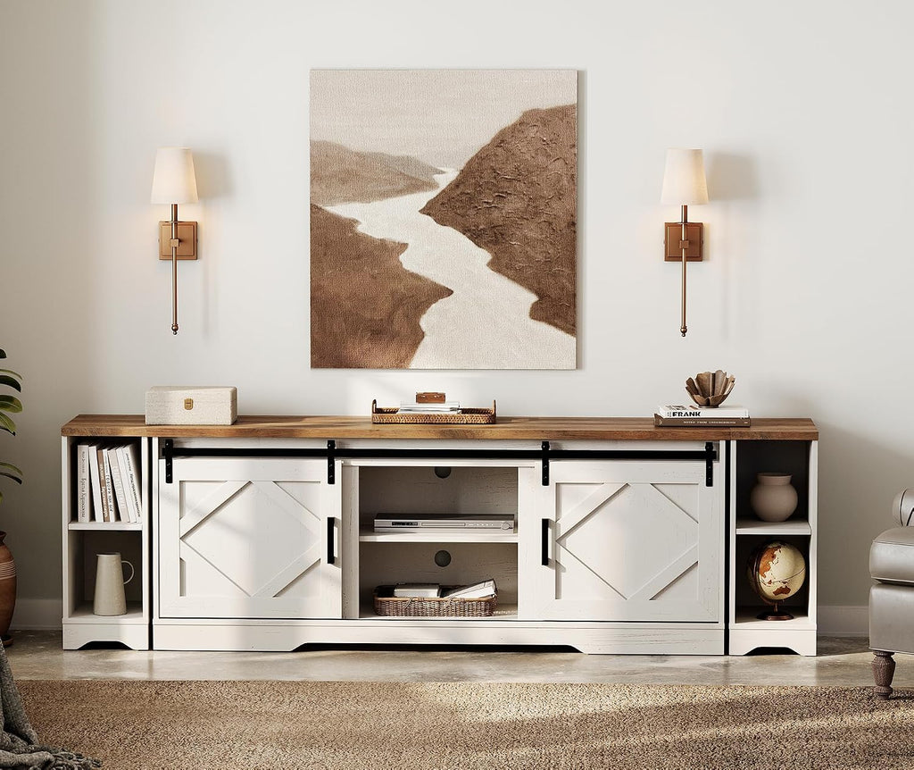 WAMPAT 3-in-1 Modern Farmhouse TV Stand for up to 95' TV, 25.6' H Wood Entertainment Center with Sliding Barn Door and Adjustable Media Storage Shelf for Living Room, Antique White