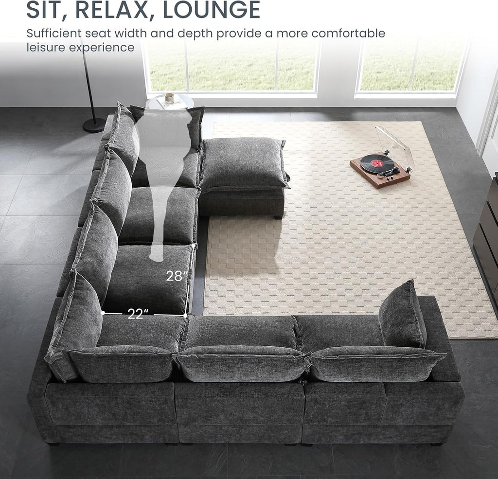 117' Oversized Modular Sectional Sofa with Movable Storage Ottoman, 7-Seat U-Shaped Cloud Couch with Deep Seats, Chenille Upholstered Corner Couch, Modern Sectional Couches for Living Room, Grey