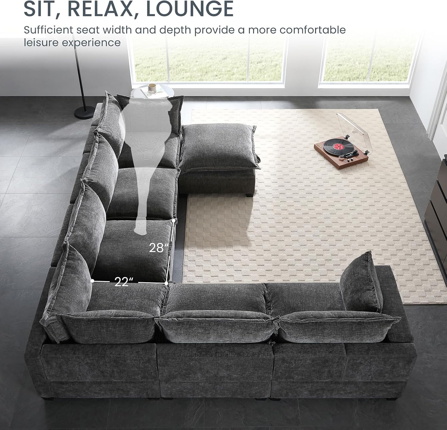 117' Oversized Modular Sectional Sofa with Movable Storage Ottoman, 7-Seat U-Shaped Cloud Couch with Deep Seats, Chenille Upholstered Corner Couch, Modern Sectional Couches for Living Room, Grey