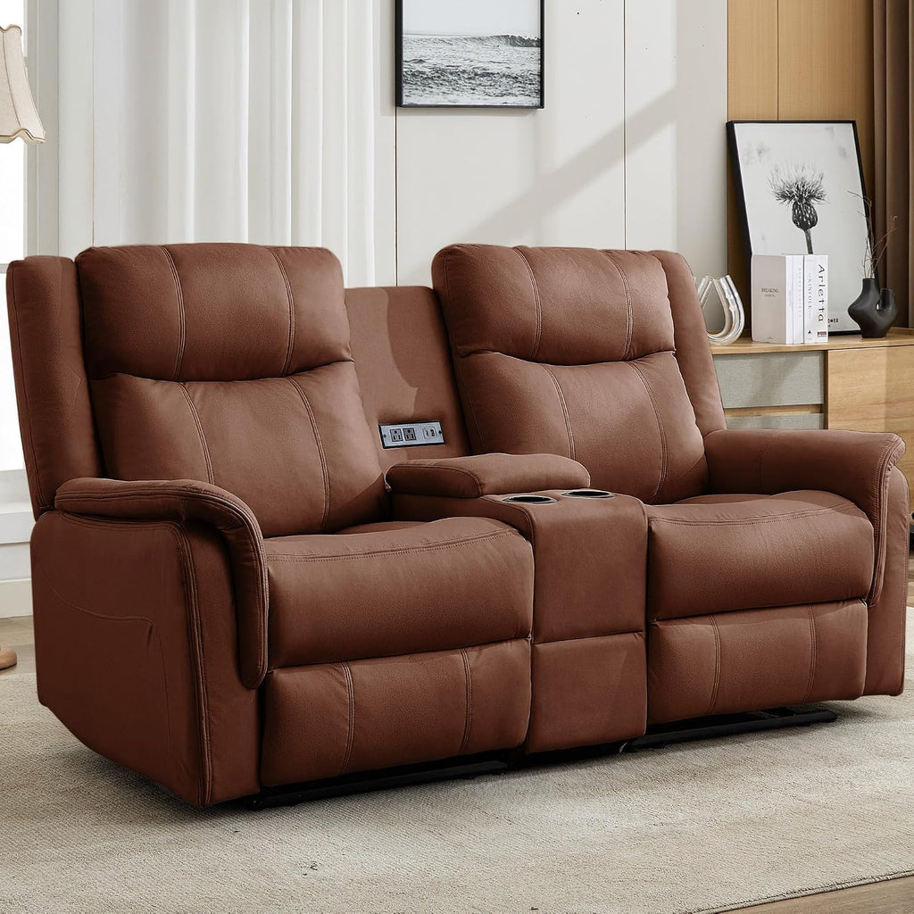 Korser Loveseat Recliner Sofa, Reclining Loveseat Couch, Reclining Couch with Console, USB Port, US Outlets, and Cup Holders, 2-Seater Sofa for Living Room