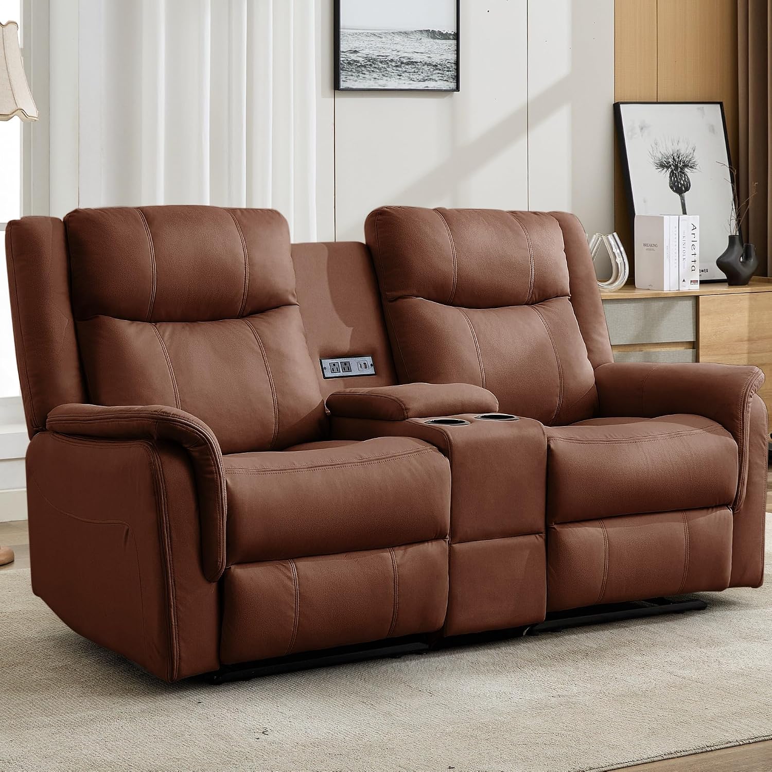 Korser Loveseat Recliner Sofa, Reclining Loveseat Couch, Reclining Couch with Console, USB Port, US Outlets, and Cup Holders, 2-Seater Sofa for Living Room