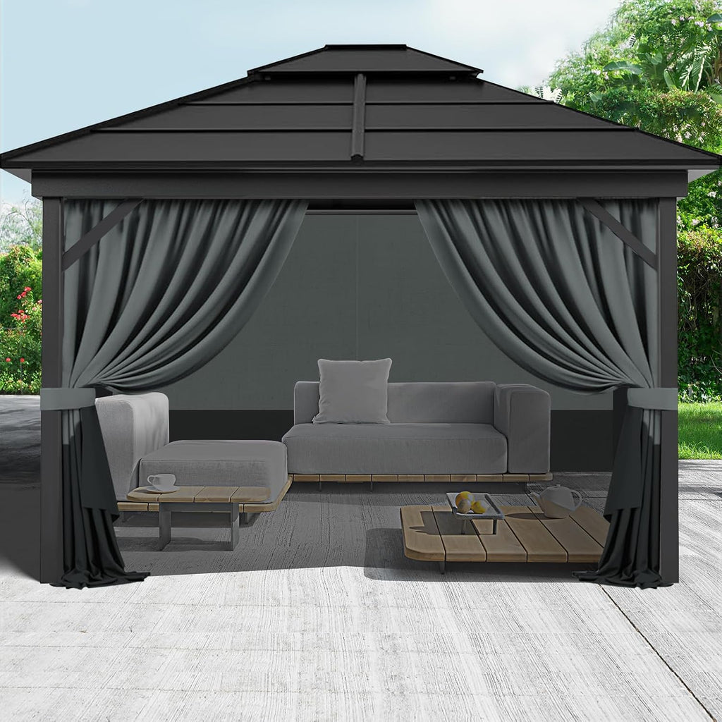 Gazebo Privacy Curtains 10' x 12' with Zipper 4-Panels Side Wall Universal Replacement for Patio, Outdoor Canopy, Garden and Backyard Gray and Black (Curtain Only)