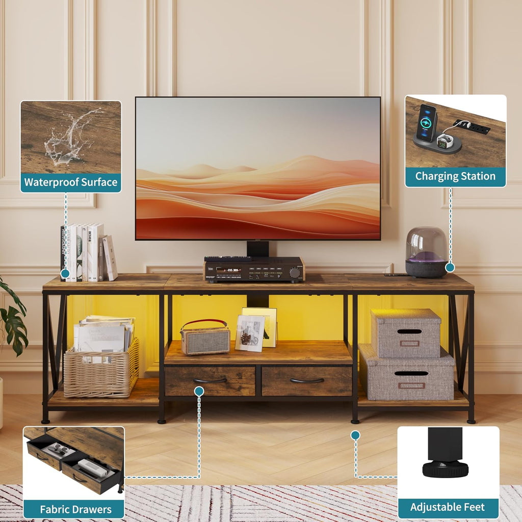 63' W TV Stand with Mount for 55,65,75' TV,Entertainment Center with Power Outlet&Led Lights,Height Adjustable TV Console Table with Open Storage Shelves&Fabric Drawers (Rustic Brown, 63'W)
