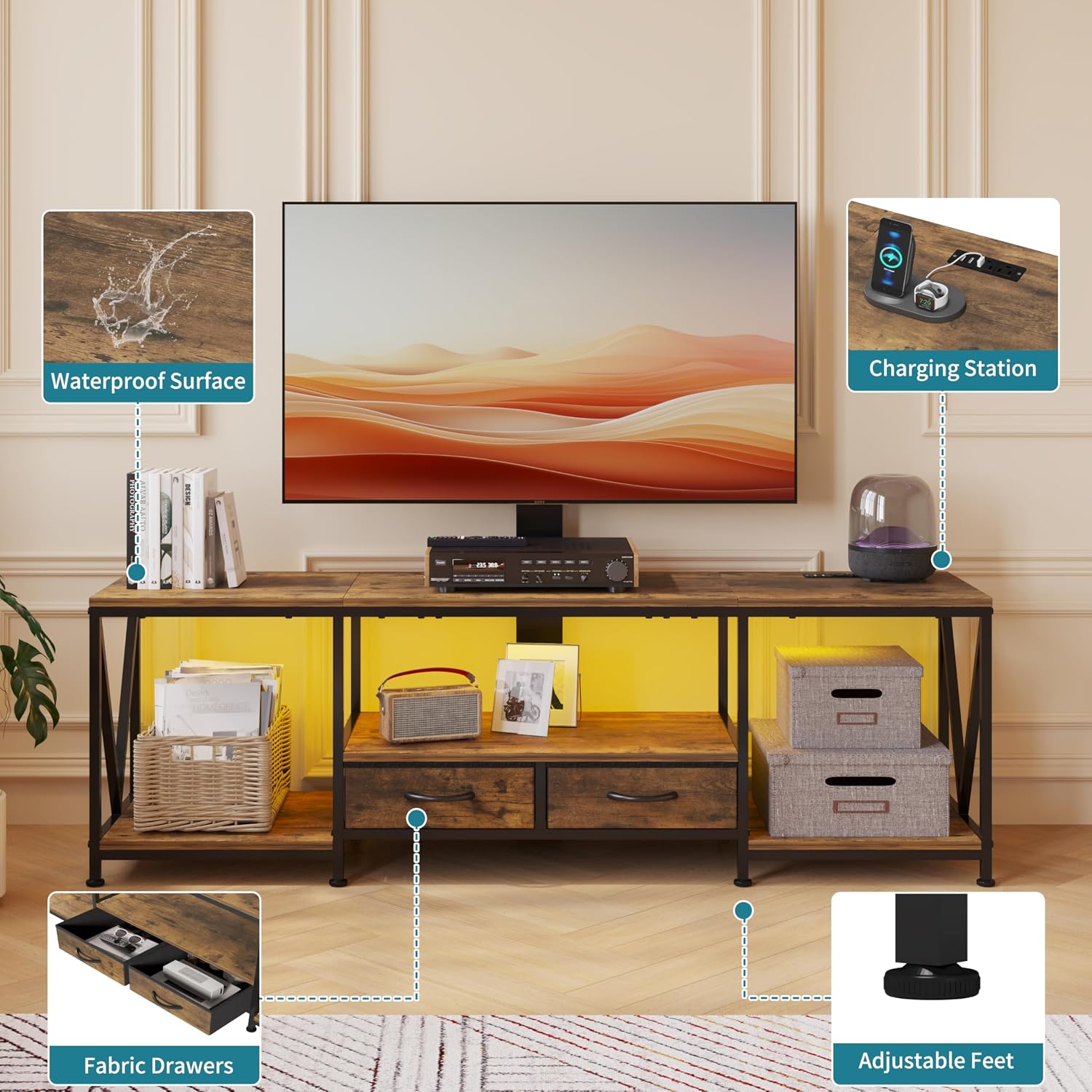 63' W TV Stand with Mount for 55,65,75' TV,Entertainment Center with Power Outlet&Led Lights,Height Adjustable TV Console Table with Open Storage Shelves&Fabric Drawers (Rustic Brown, 63'W)