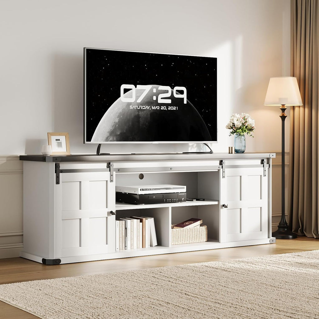 IDEALHOUSE Farmhouse TV Stand for 75 Inch TV, Entertainment Center with Storage Cabinets and Sliding Barn Doors, Media TV Console Table for Living Room Bedroom