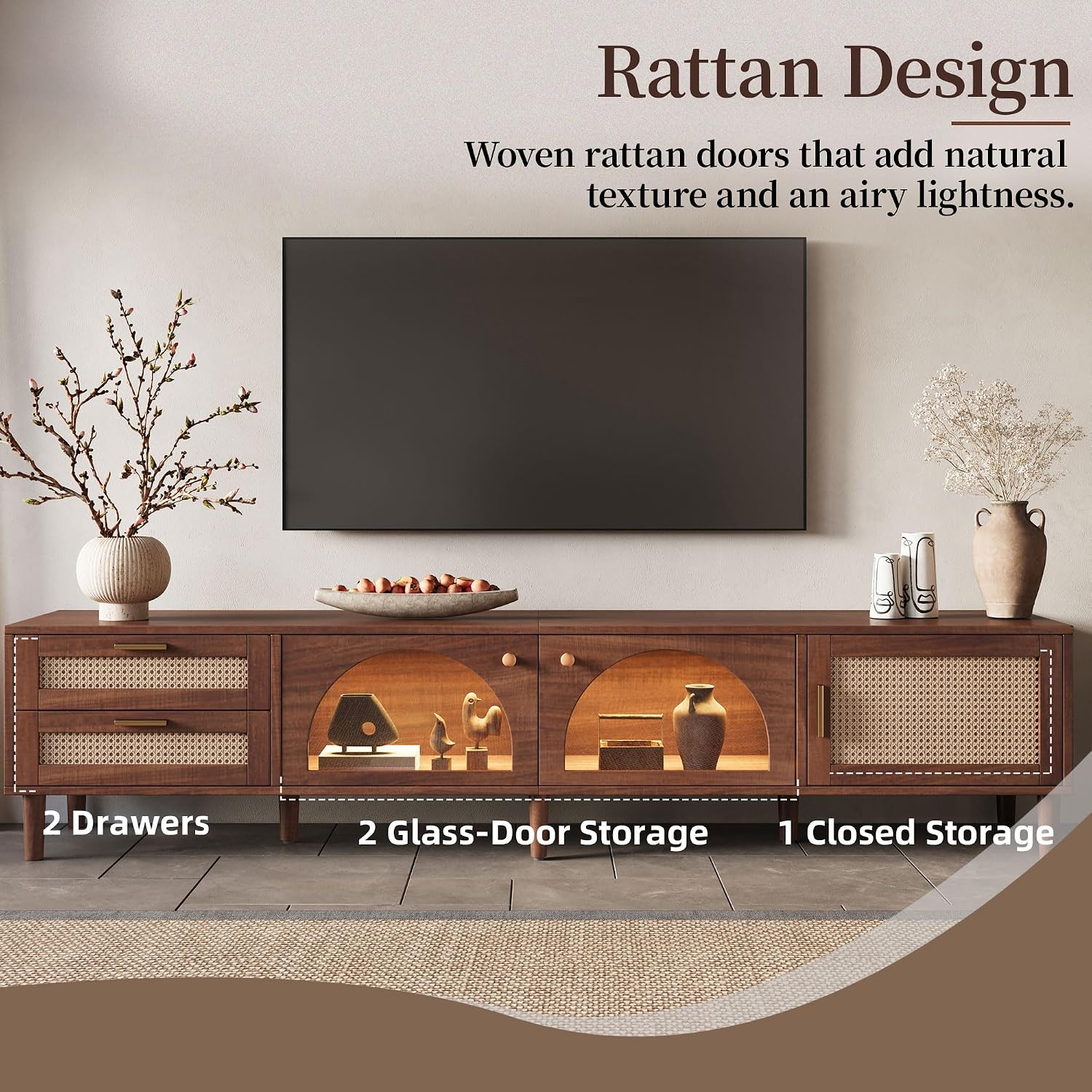 Merax Rattan TV Stand with LED Lights, 86' Entertainment Center with 3 Cabinets & 2 Drawers Media Console Table for TVs Up to 90', Solid Wood Feet, Living Room, Bedroom Furniture