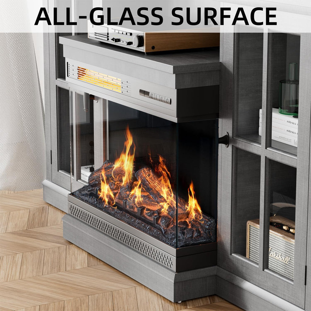 YESHOMY Glass Fireplace TV Stand for Televisions up to 65', Media Entertainment Center Console Table with Doors Closed Storage, Grey Wash