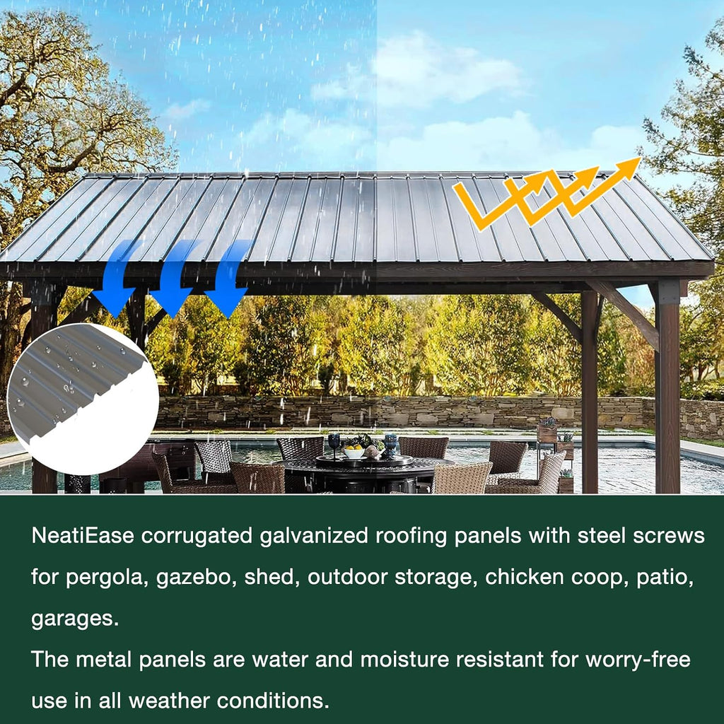 NeatiEase 20 Pcs Metal Roofing Panels, 5.1 Feet Corrugated Galvanized Roofing Panels Metal Siding Panels with Steel Screws for Pergola, Gazebo, Shed, Outdoor Storage, Chicken Coop, Patio,Garages