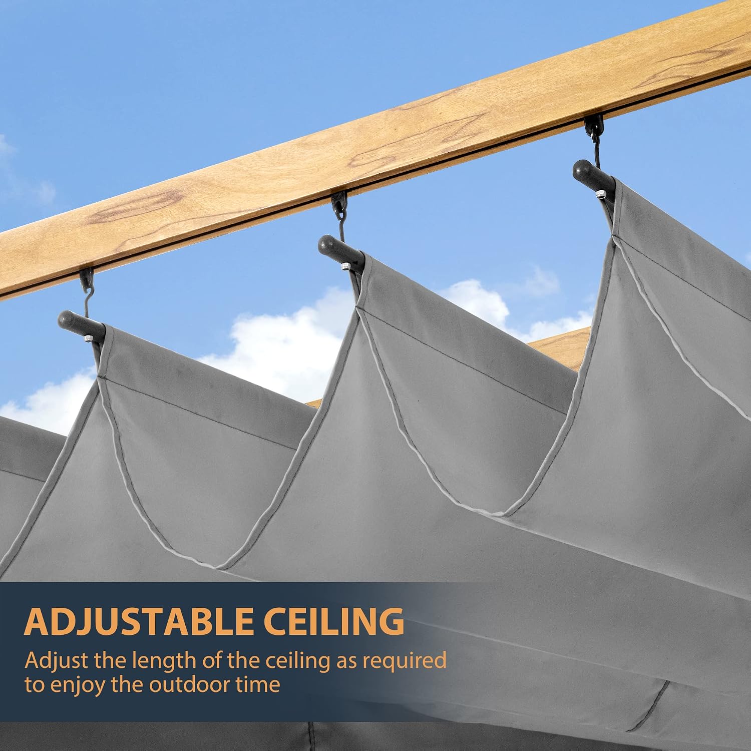 HAPPATIO 10' X 13' Retractable Pergola Canopy for Backyard, Garden, Patio; Woodgrain-Look Aluminum Frame with Retractable Pergola Canopy, Includes Anchors and Expansion Screws (Grey)
