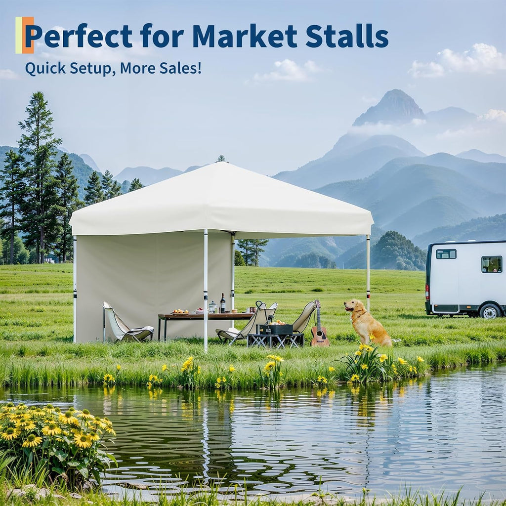 10'x10' White Pop Up Canopy Tent with 3 Sidewalls, Waterproof and UV Resistant Outdoor Gazebo, Easy Up Sun Shade Shelter for Parties, Events, Backyard, Camping
