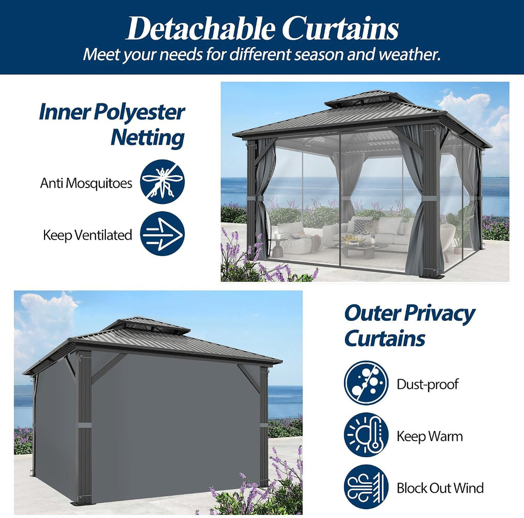 COVERONICS 10' x 10' Outdoor Hardtop Gazebo - Aluminum Heavy-Duty Double Roof Vented Gazebo with Breathable Netting & Privacy Curtains for Patio, Porch, Garden, Lawn