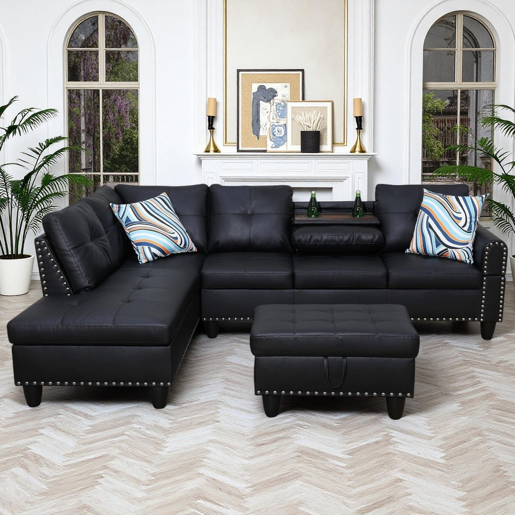 97.5' Leather L Shaped Couch Set Black, Modular Sectional Couches for Living Room with Storage Ottoman, 4 Seat Home Sofa Living Room Furniture Sets with Chaise for Apartment Office