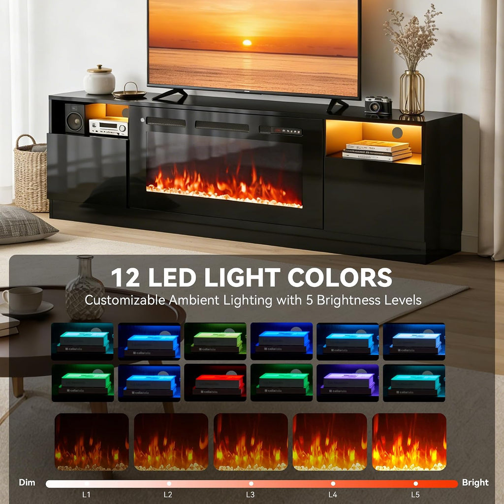 80' Fireplace TV Stand with 36' Electric Fireplace, LED Light Entertainment Center for TVs Up to 90', High-Gloss Door, Modern TV Console for Living Room with Storage Cabinet, Black+Black