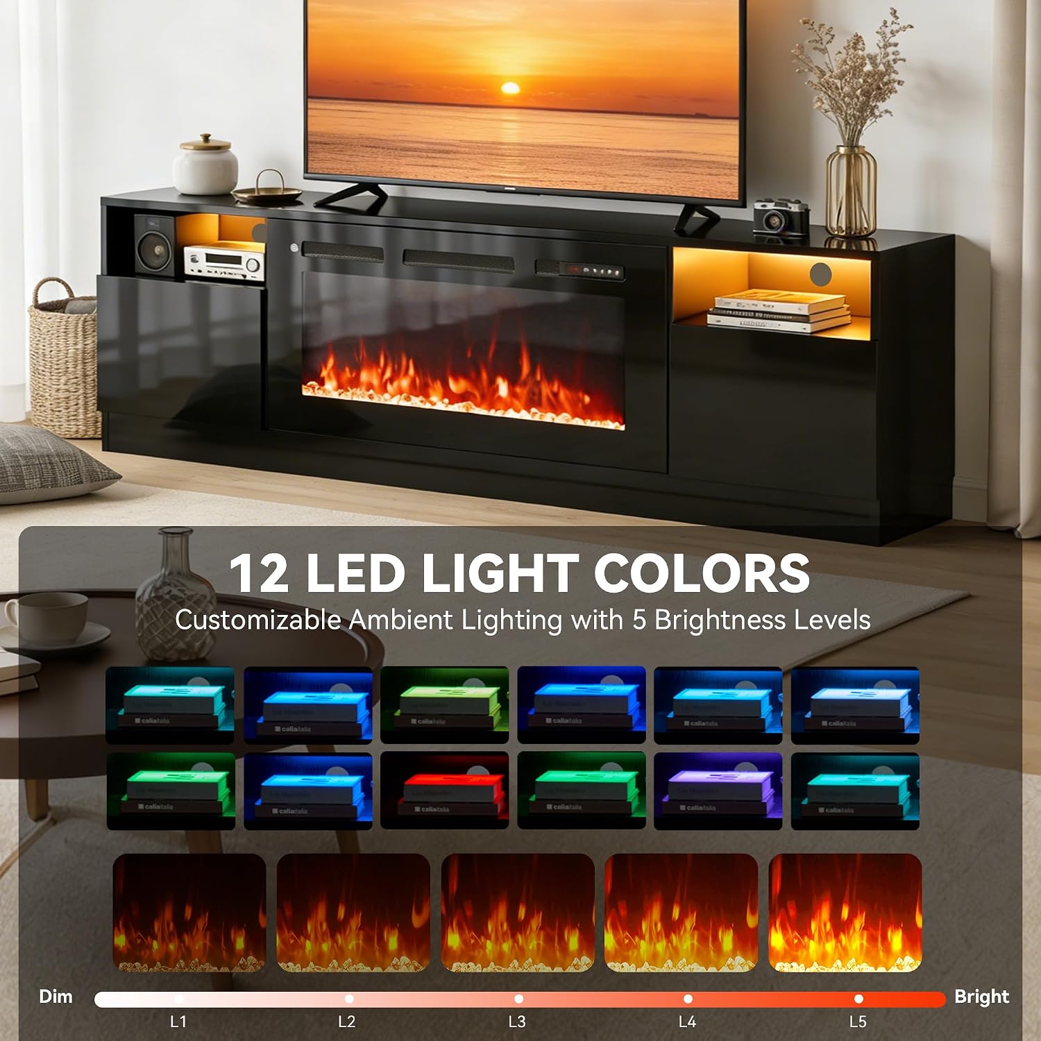 80' Fireplace TV Stand with 36' Electric Fireplace, LED Light Entertainment Center for TVs Up to 90', High-Gloss Door, Modern TV Console for Living Room with Storage Cabinet, Black+Black