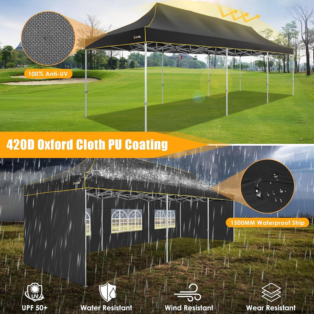 HOTEEL 10x30 Heavy Duty Pop Up Canopy Tent with 5 Sidewalls&Wheeled Bag, Commercial Event Party Tent Wedding Instant Canopy Waterproof, Upgraded Thicked Hexagonal Legs, UV 50+, Black