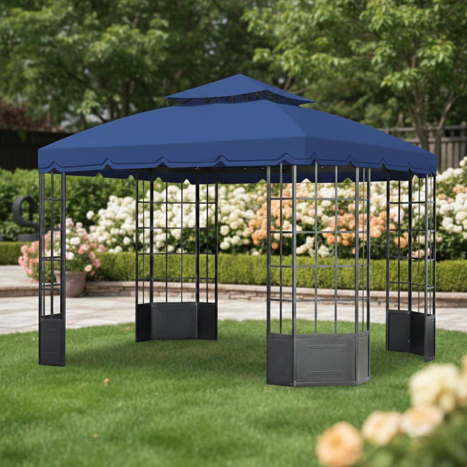 Garden Winds Reinforced RipLock 350 Replacement Canopy Top Cover Compatible with Bay Window 10' x 12' Gazebo Models L-GZ120PST-2, L-GZ120PST-2D - True Navy