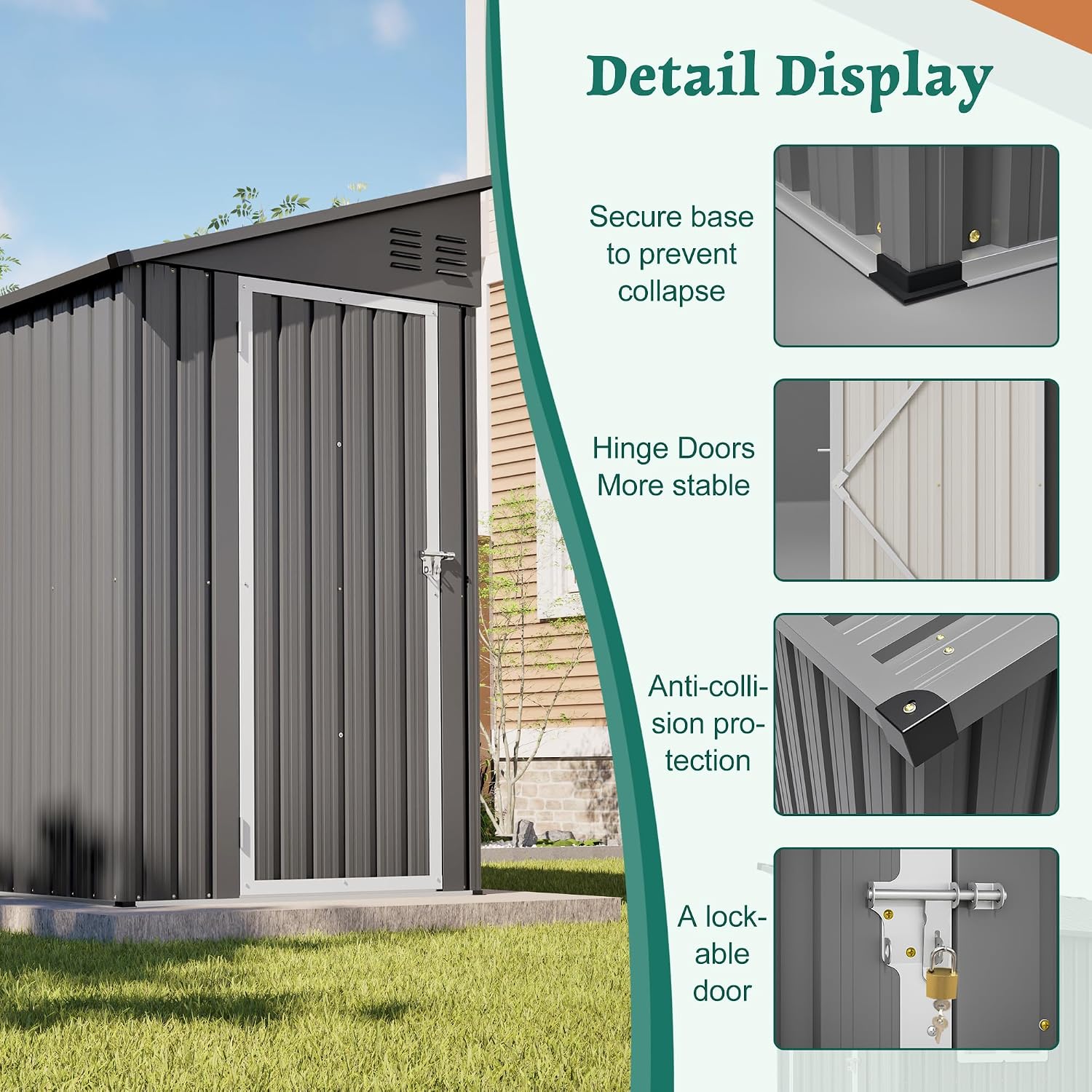 YOPTO 4×8 FT Lean to Metal Shed,Outdoor Heavy-Duty Storage Shed with Floor Base,All Weather Waterproof Garden Tool House W/Lockable Door&2 Air Vents,Reversible Door Design,for Backyard,Patio,Lawn,Gray