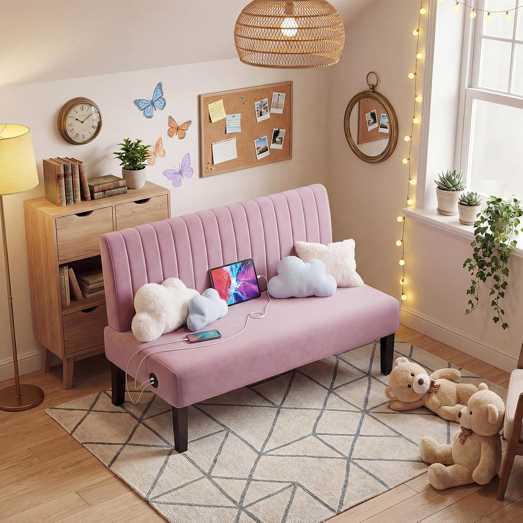 STHOUYN Mini Small Comfy Couch Armless Loveseat Sofa for Bedroom with USB Port, Velvet Couches for Small Spaces Living Room, Apartment Office Dorm (Pink)