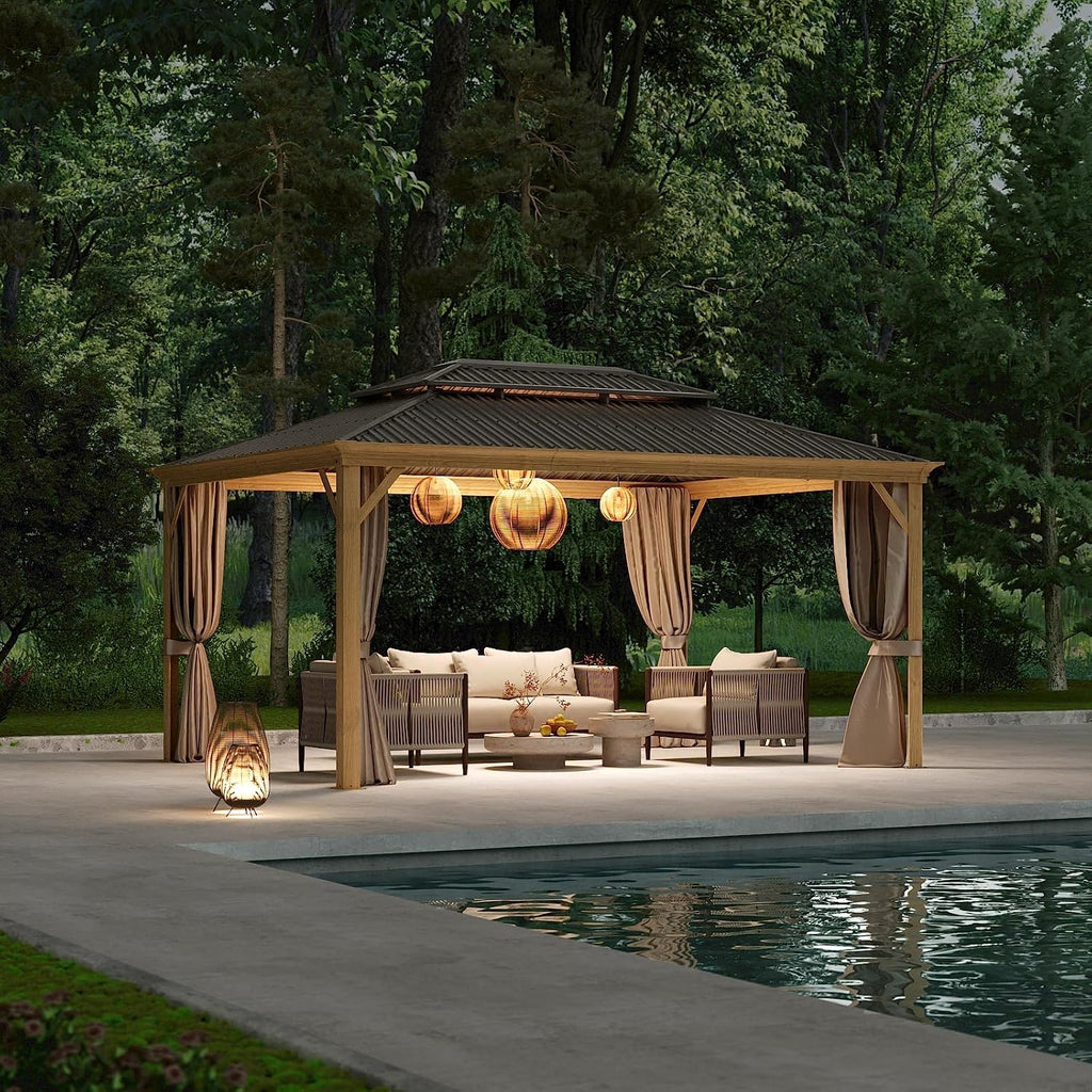 12x14ft Hardtop Gazebo, Wooden Finish Coated Aluminum Frame Canopy with Galvanized Steel Double Roof, Outdoor Permanent Metal Pavilion with Curtains & Netting for Garden, Brown (Wooden 12x14 Ft)