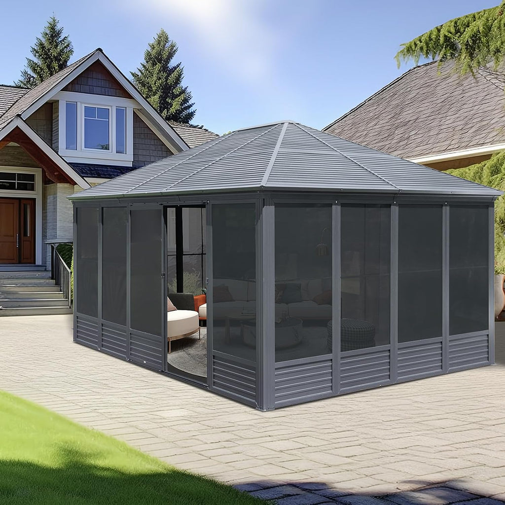 13x16.5 FT Sunroom, Four Season Enclosed Hardtop Gazebo with Galvanized Steel Roof, Aluminum Solarium Sun Room with Movable PVC Screen Walls, Sliding Doors, Metal Hard Top Gazebo for Patio, Deck