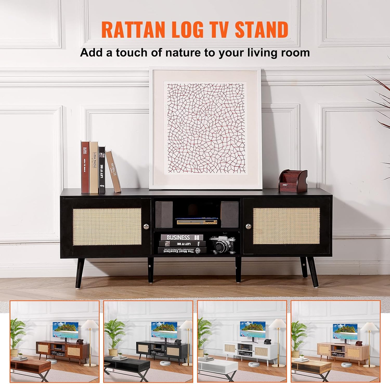 VEVOR Rattan TV Stand for 65 inch TV, Boho TV Stand with Rattan Door, Entertainment Center with Build-in Socket and USB Ports, Modern TV Console for Living Room, Media Room, Black