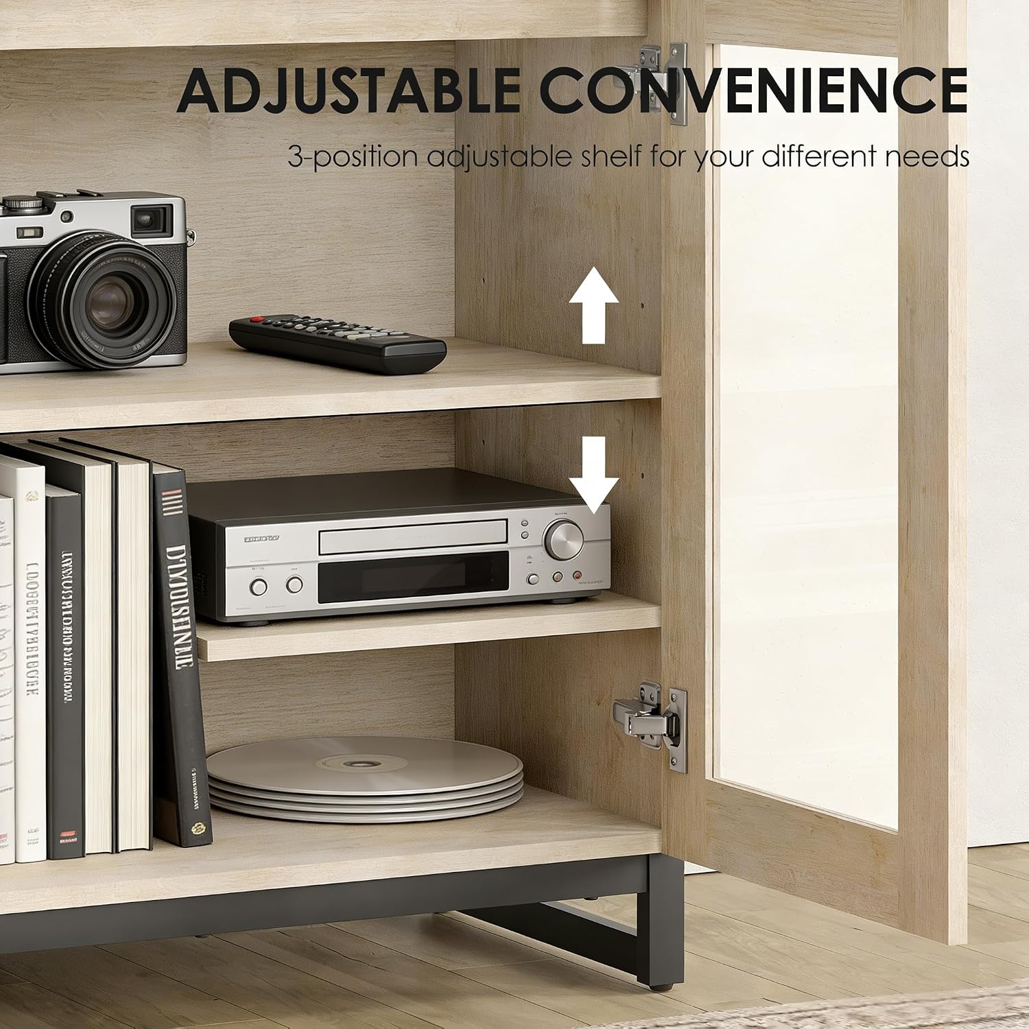 WAMPAT Modern TV Stand with Glass Doors for 26-40 inch TVs, Entertainment Center Console with Drawer and Metal Base for Living Room, Bedroom, Beige