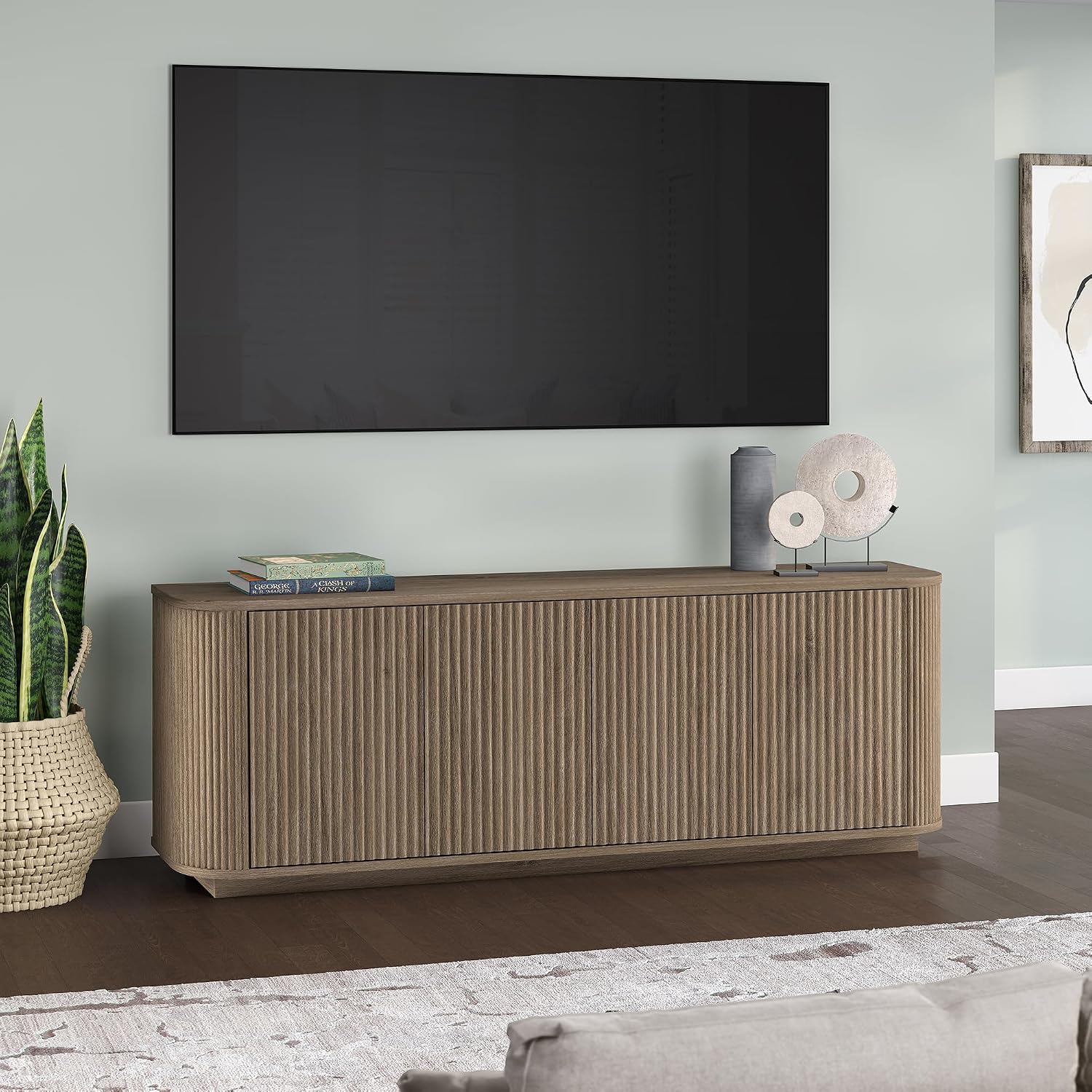 Henn&Hart Fluted TV Stand for TVs up to 75' with 2 Storage Cabinets with an Adjustable Shelf for Living Room, Family Room, or Office, Weathered Gray