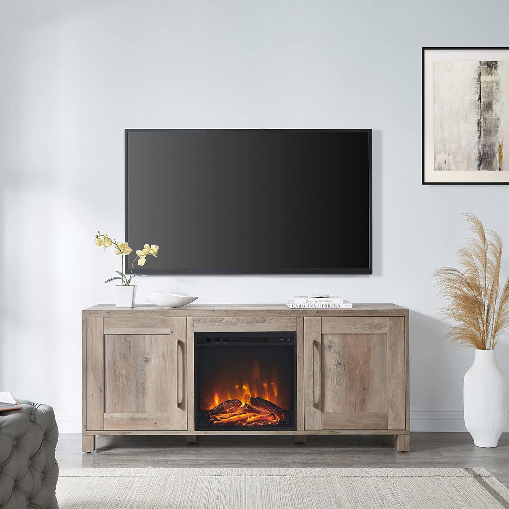 Chabot Rectangular TV Stand with Log Fireplace for TV's up to 65' in Gray Oak