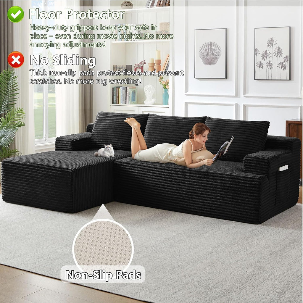 96' Modular Sectional Sofa, Modern Corduroy Cloud Couch with Side Pockets, Boneless Couch Upholstered 3-Seater L-Shaped Sofa for Living Room, No Assembly Required (Black, Left-Facing Chaise)