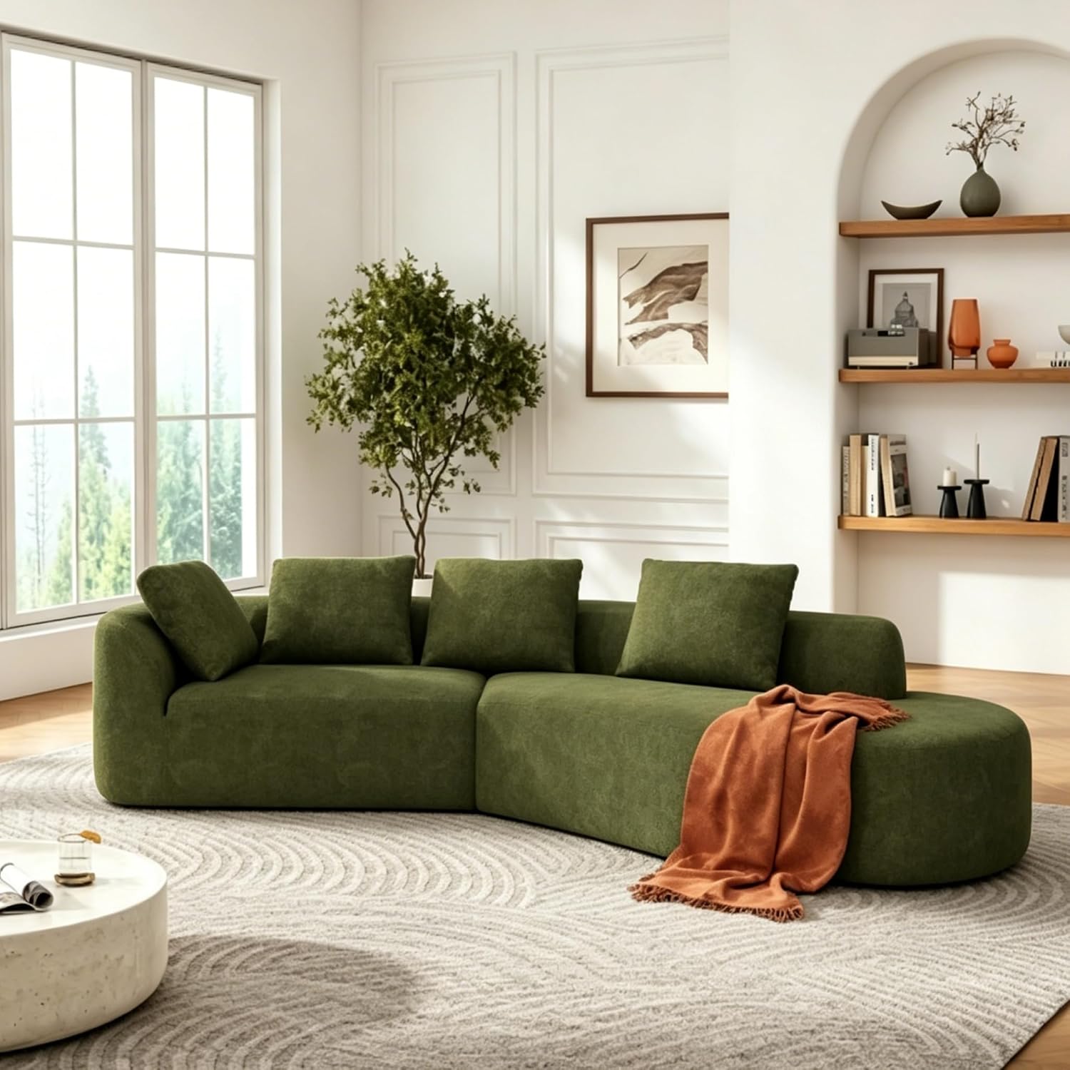 Merax 116' Curved Polyester Sectional Sofa, Modern Pearl Upholstery 3 Seat Cloud Couch with Chaise Lounge & 4 Pillows for Living Room, Green