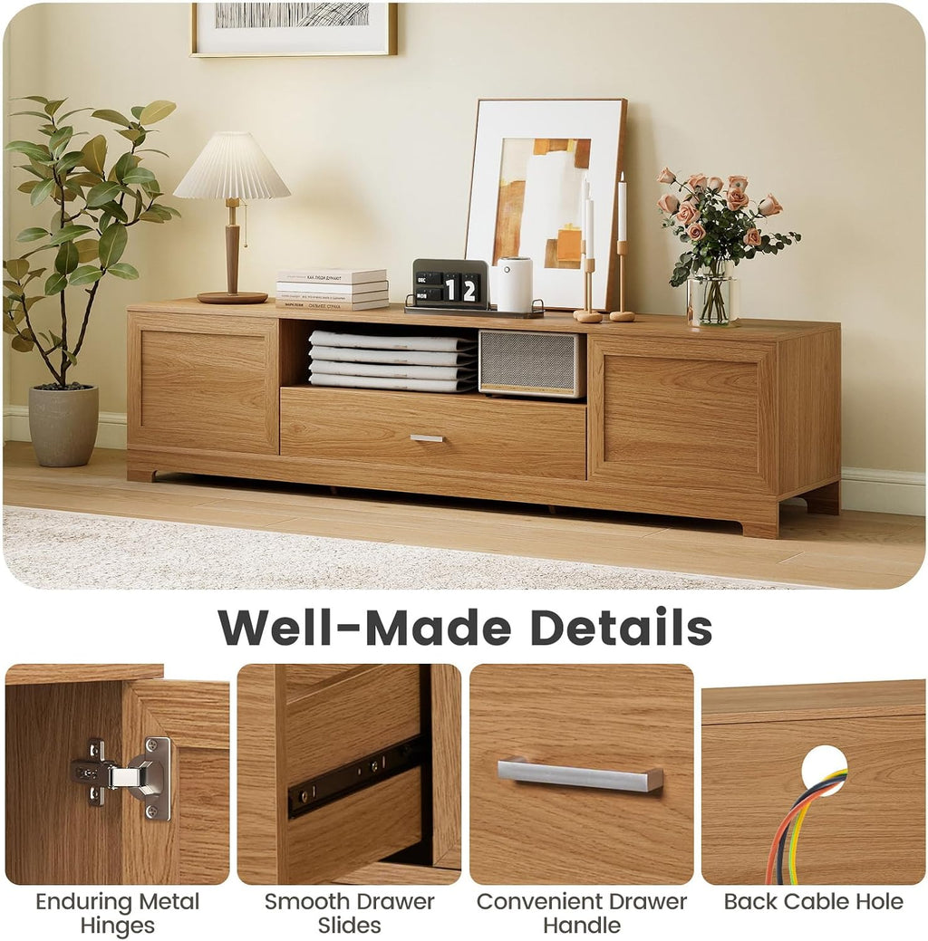 Giantex TV Stand for 60-80 Inch TV, Farmhouse Modern Entertainment Center with Storage Cabinets, Drawer & Cable Hole, Wooden Media TV Console Table for Living Room, Bedroom