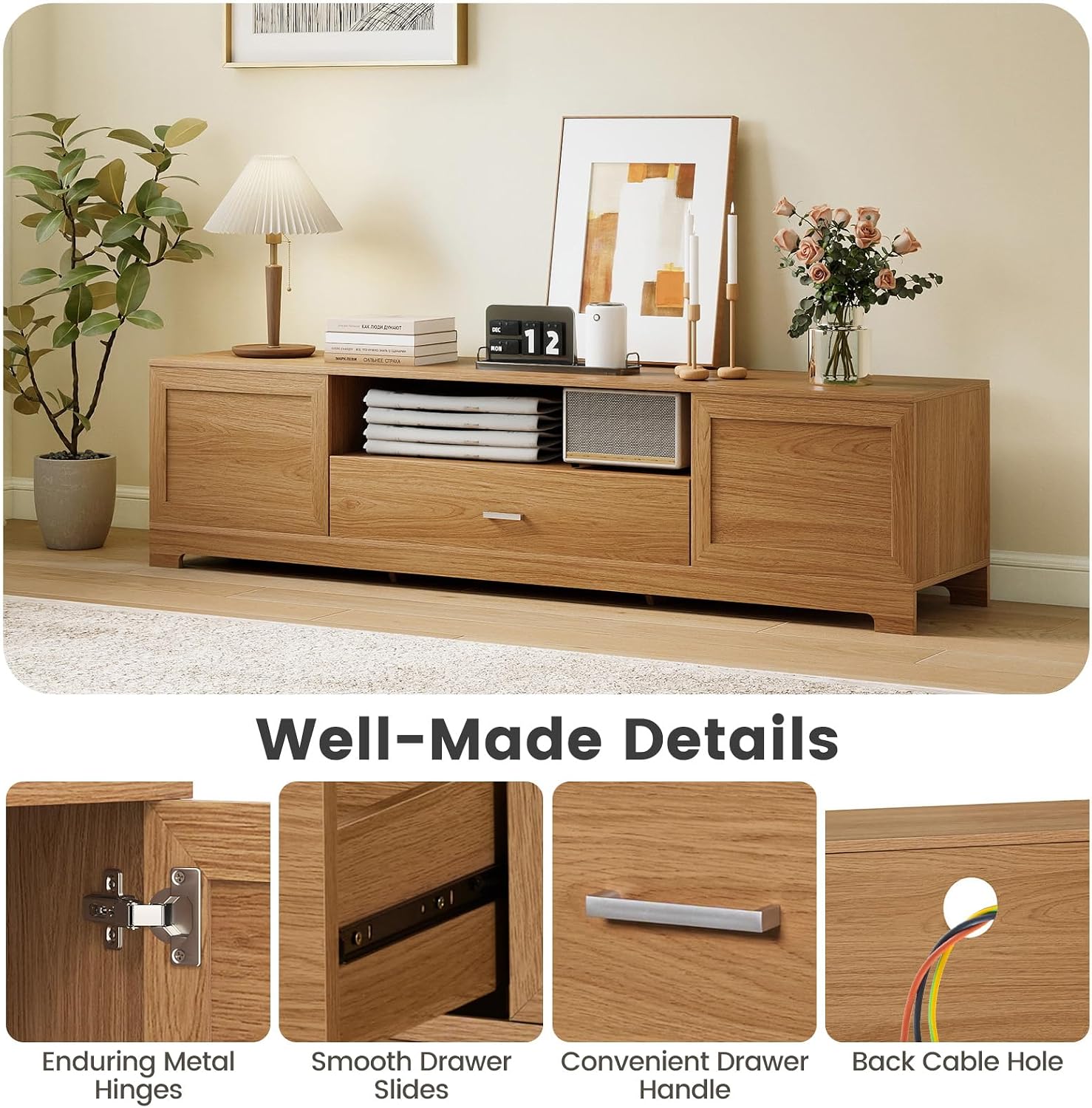 Giantex TV Stand for 60-80 Inch TV, Farmhouse Modern Entertainment Center with Storage Cabinets, Drawer & Cable Hole, Wooden Media TV Console Table for Living Room, Bedroom