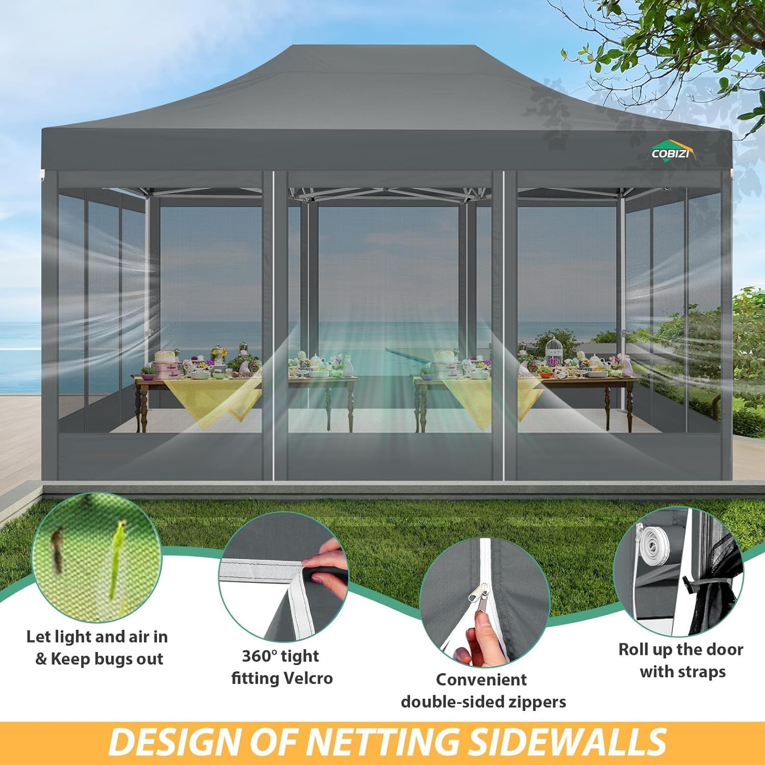 COBIZI 10x15 Heavy Duty Pop up Canopy with 4 Sidewalls, Canopy Tent with Mosquito Netting, Easy up Screen Party Tents for Parties Wedding Patio Backyard Commercial Gazebo with Handbag, Gray