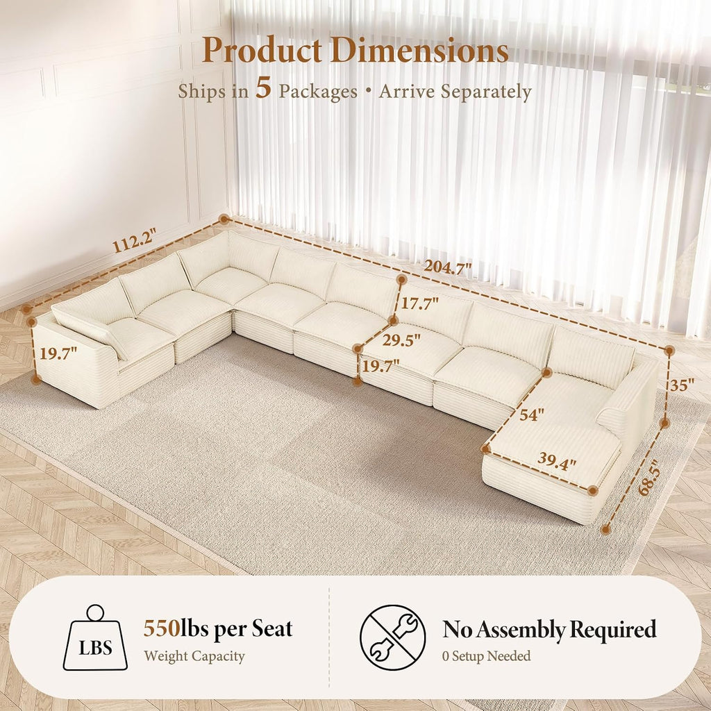 Vesgantti 204.7' Oversized Sectional Boneless Couch, Modern 9 Seater Modular Sofa with Chaise, Deep Seat Convertible Plush Corduroy Cloud Couches for Living Room, No Assembly Required, Beige